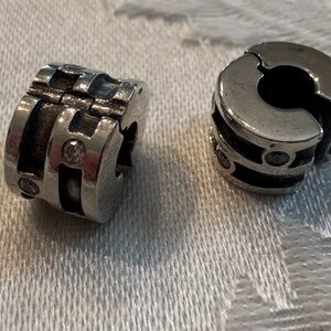 Two Pandora Clip Charms - silver with rhinestones.